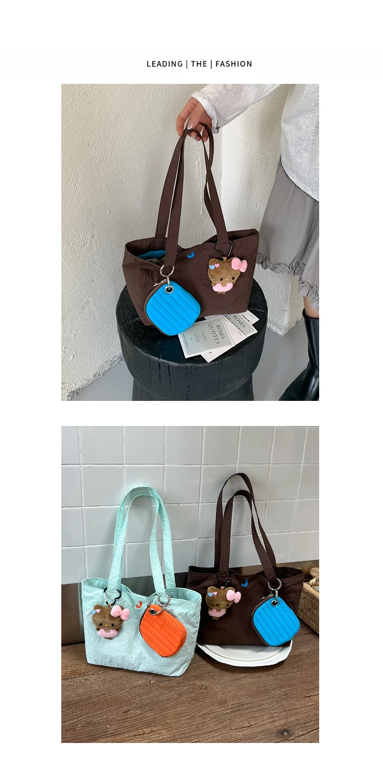 Women Cartoon Print Shoulder Bag, Casual Nylon Tote Handbag with Zip, Medium Size