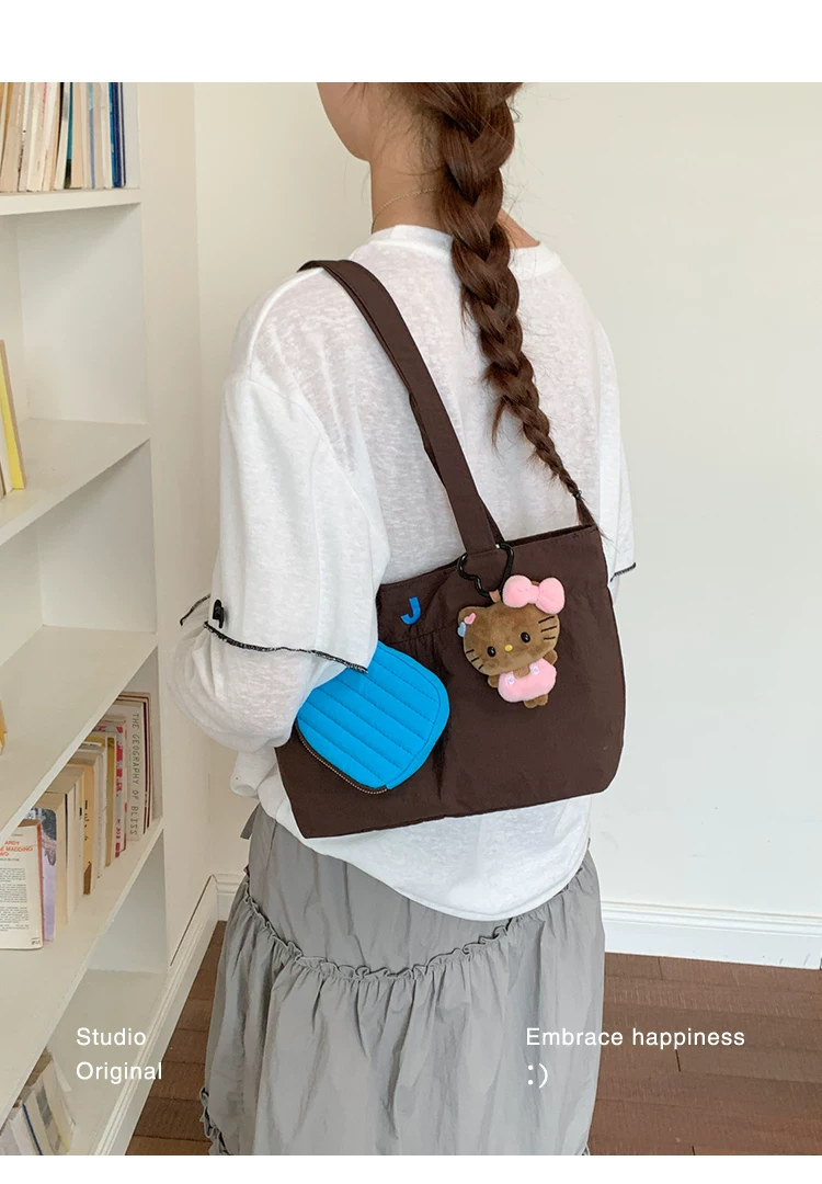 Women Cartoon Print Shoulder Bag, Casual Nylon Tote Handbag with Zip, Medium Size