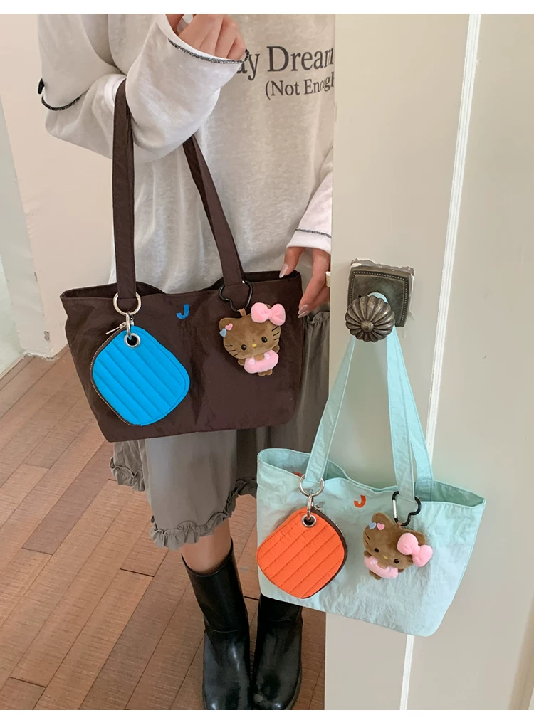 Women Cartoon Print Shoulder Bag, Casual Nylon Tote Handbag with Zip, Medium Size