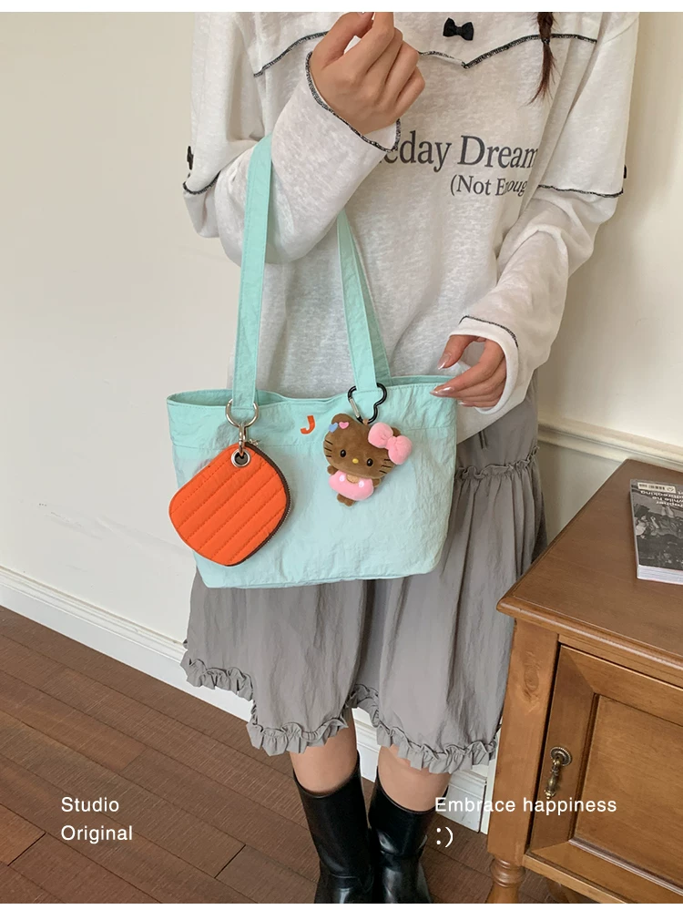 Women Cartoon Print Shoulder Bag, Casual Nylon Tote Handbag with Zip, Medium Size