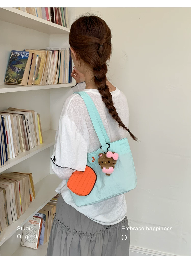 Women Cartoon Print Shoulder Bag, Casual Nylon Tote Handbag with Zip, Medium Size