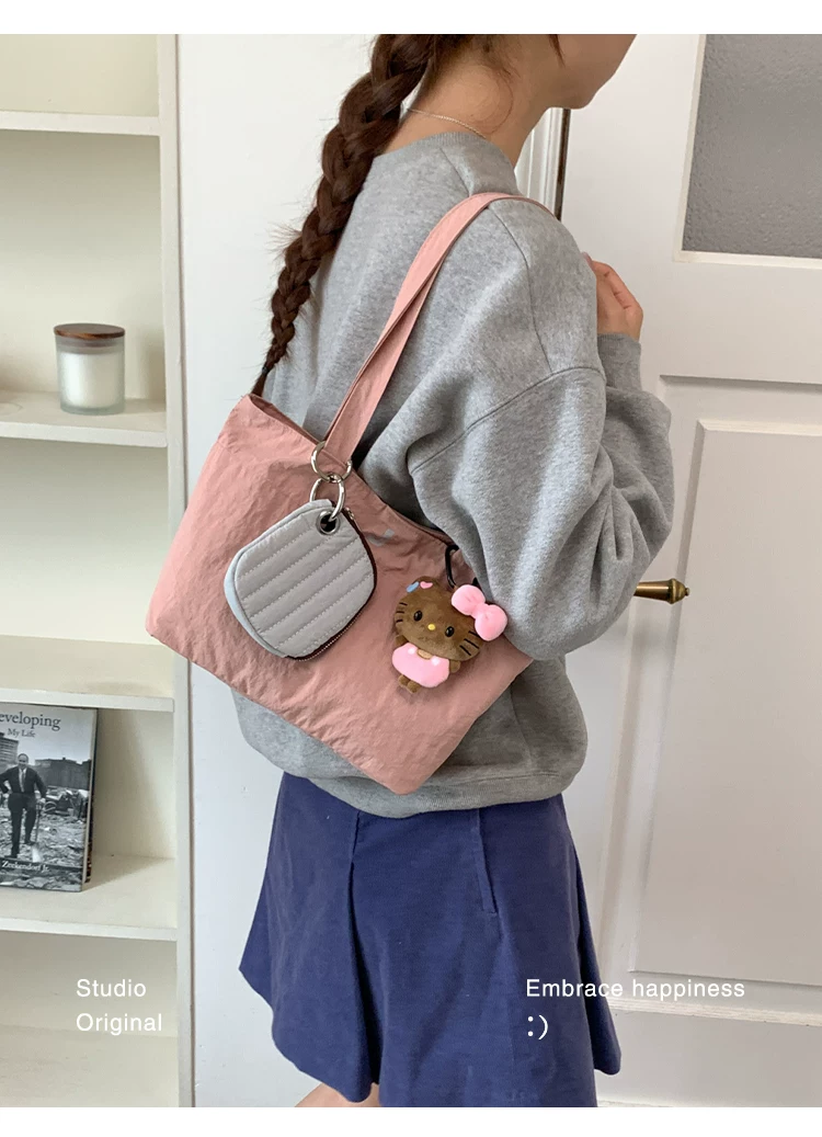 Women Cartoon Print Shoulder Bag, Casual Nylon Tote Handbag with Zip, Medium Size