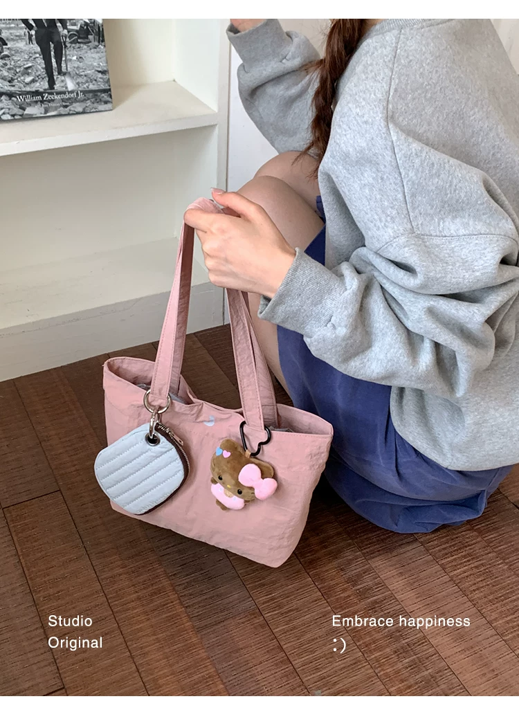 Women Cartoon Print Shoulder Bag, Casual Nylon Tote Handbag with Zip, Medium Size