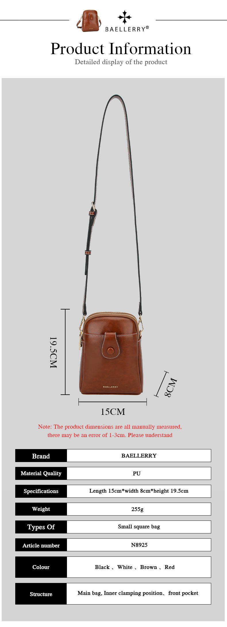 Baellerry Mini Women's Crossbody Phone Bag, PU Leather Small Square Shoulder Bag with Double Zipper