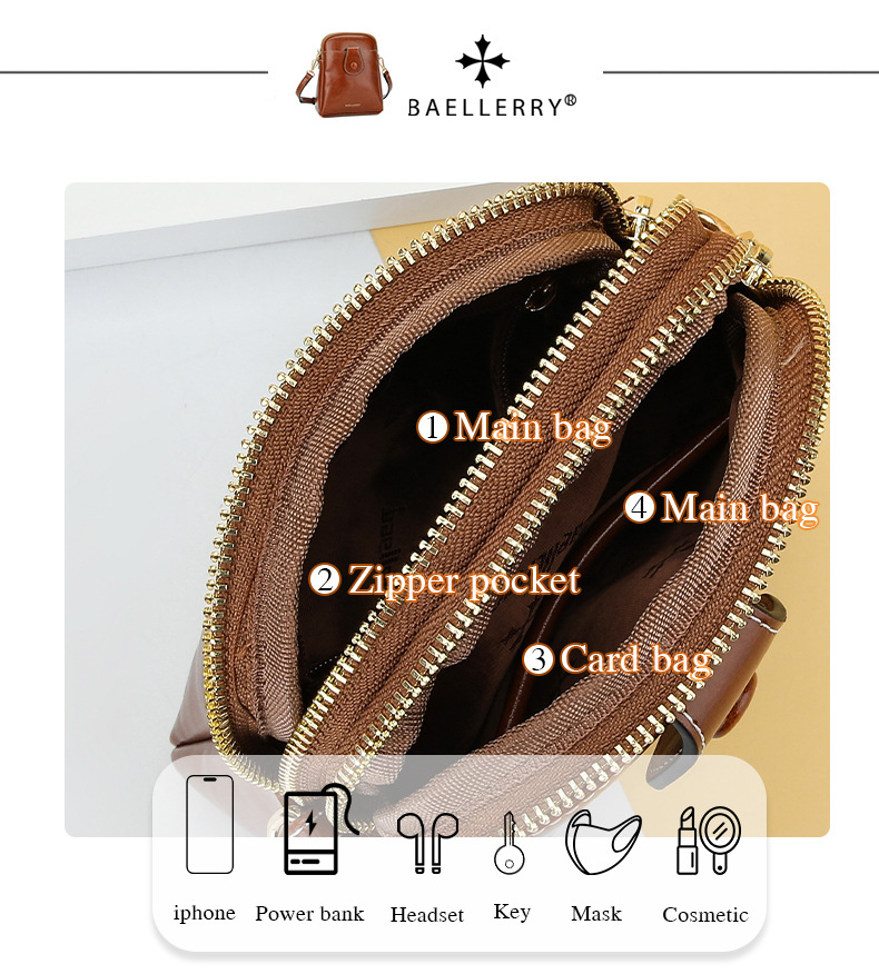 Baellerry Mini Women's Crossbody Phone Bag, PU Leather Small Square Shoulder Bag with Double Zipper